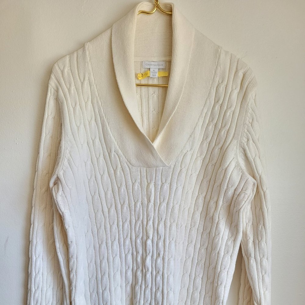 Charter Club Women's Collared V-Neck Ribbed Sleeve Sweater Sz XL Cotton